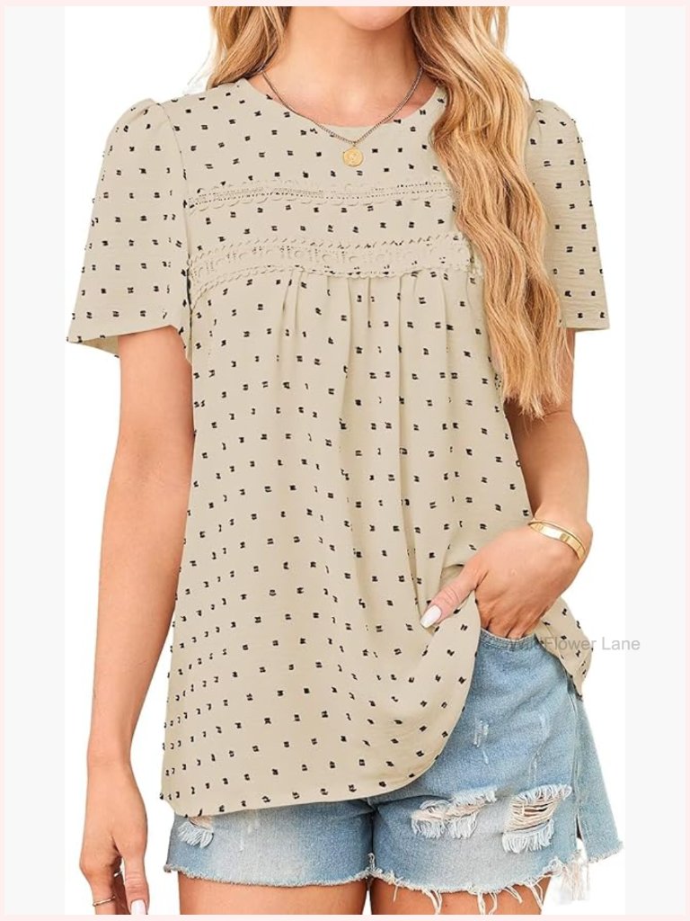 Women's Short Sleeve Chiffon Blouse Flowy Lace Hem Boho Tunic Top